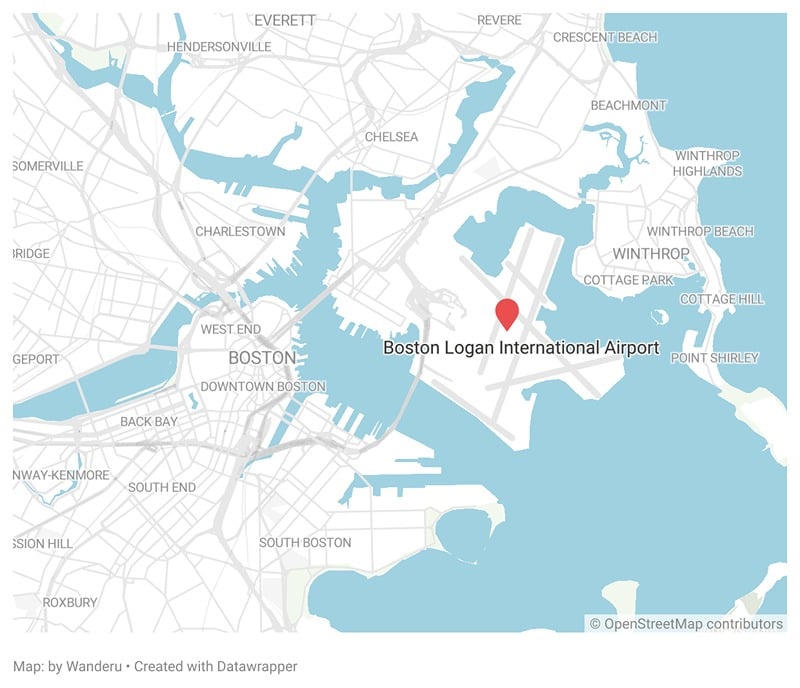 A map showing the location of the Boston Logan International Airport in Boston.