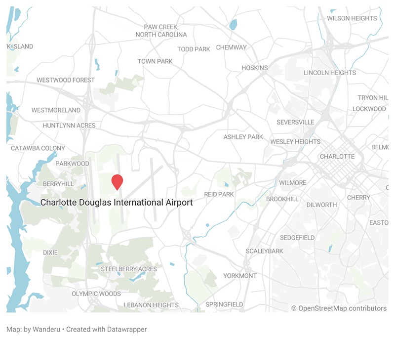 A map showing the location of the Charlotte Douglas International Airport in Charlotte.