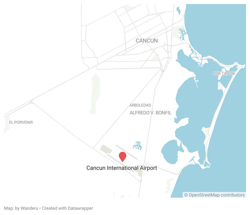 A map showing the location of the Cancun International Airport in Cancun.