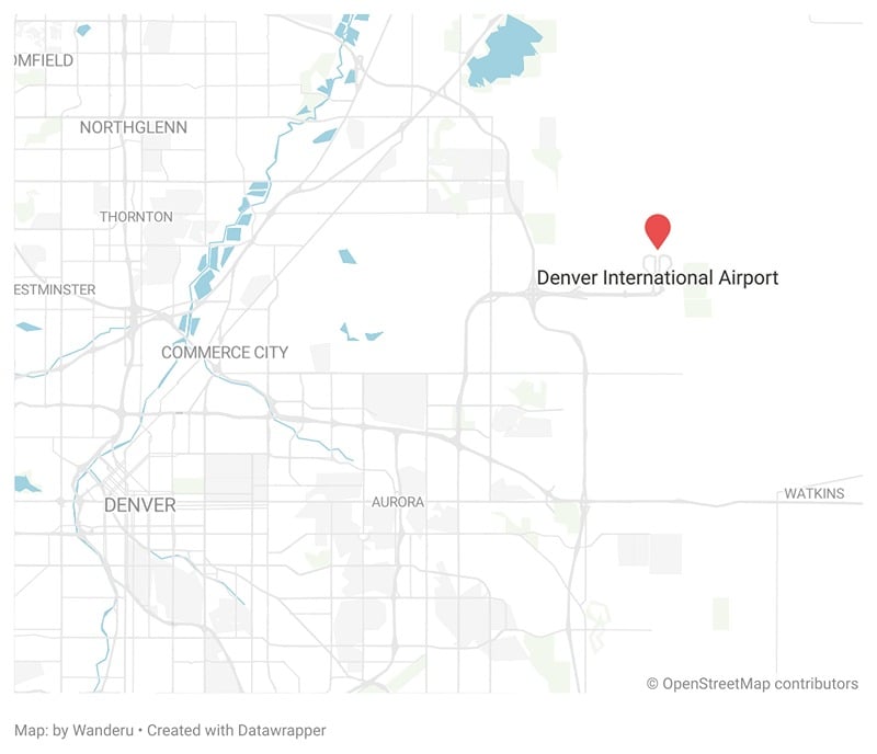 A map showing the location of the Denver International Airport in Colorado.