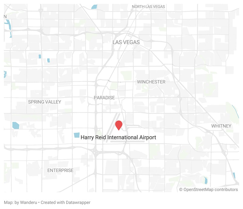A map showing the location of the Harry Reid International Airport in Las Vegas.