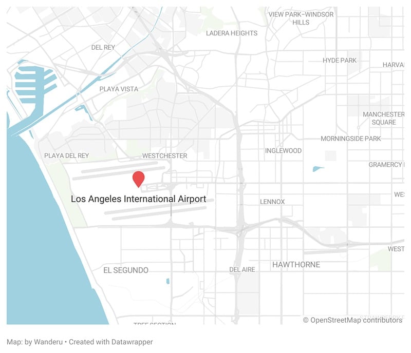A map showing the location of the Los Angeles International Airport in LA.