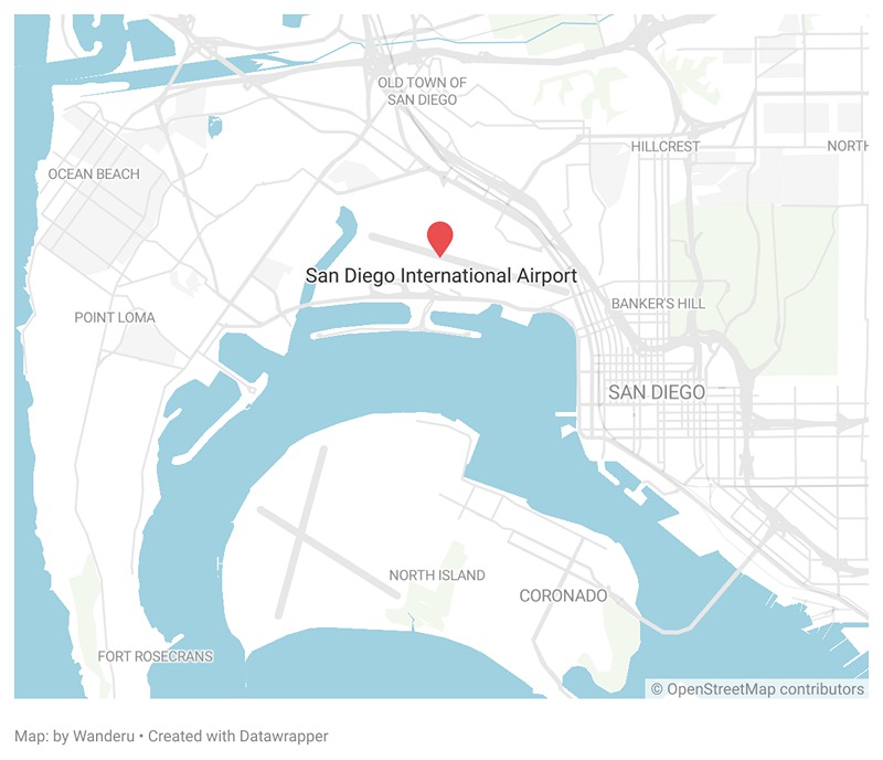 A map showing the location of the San Diego International Airport in San Diego.