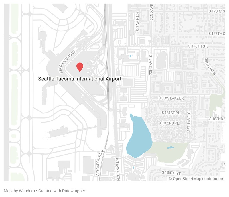 A map showing the location of the Seattle Tacoma International Airport in Seattle.