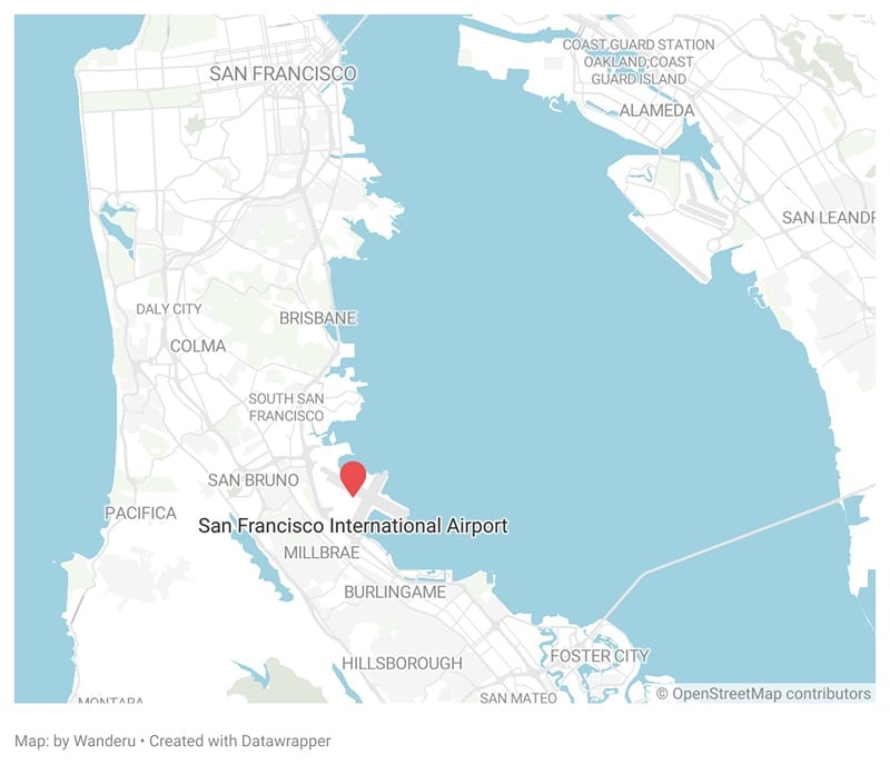 A map showing the location of the San Francisco International Airport in San Francisco.