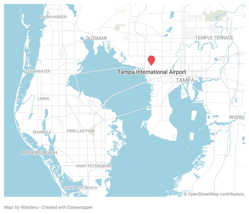 A map showing the location of the Tampa International Airport in Tampa.