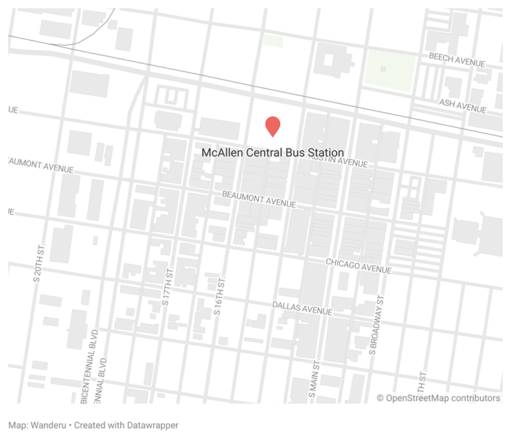 A map showing the location of the central bus station in McAllen, Texas