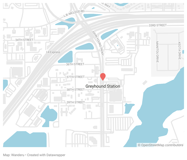 A map showing the location of the Greyhound Bus Station in Orlando
