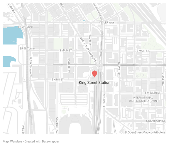 A map showing the location of King Street Station in Seattle